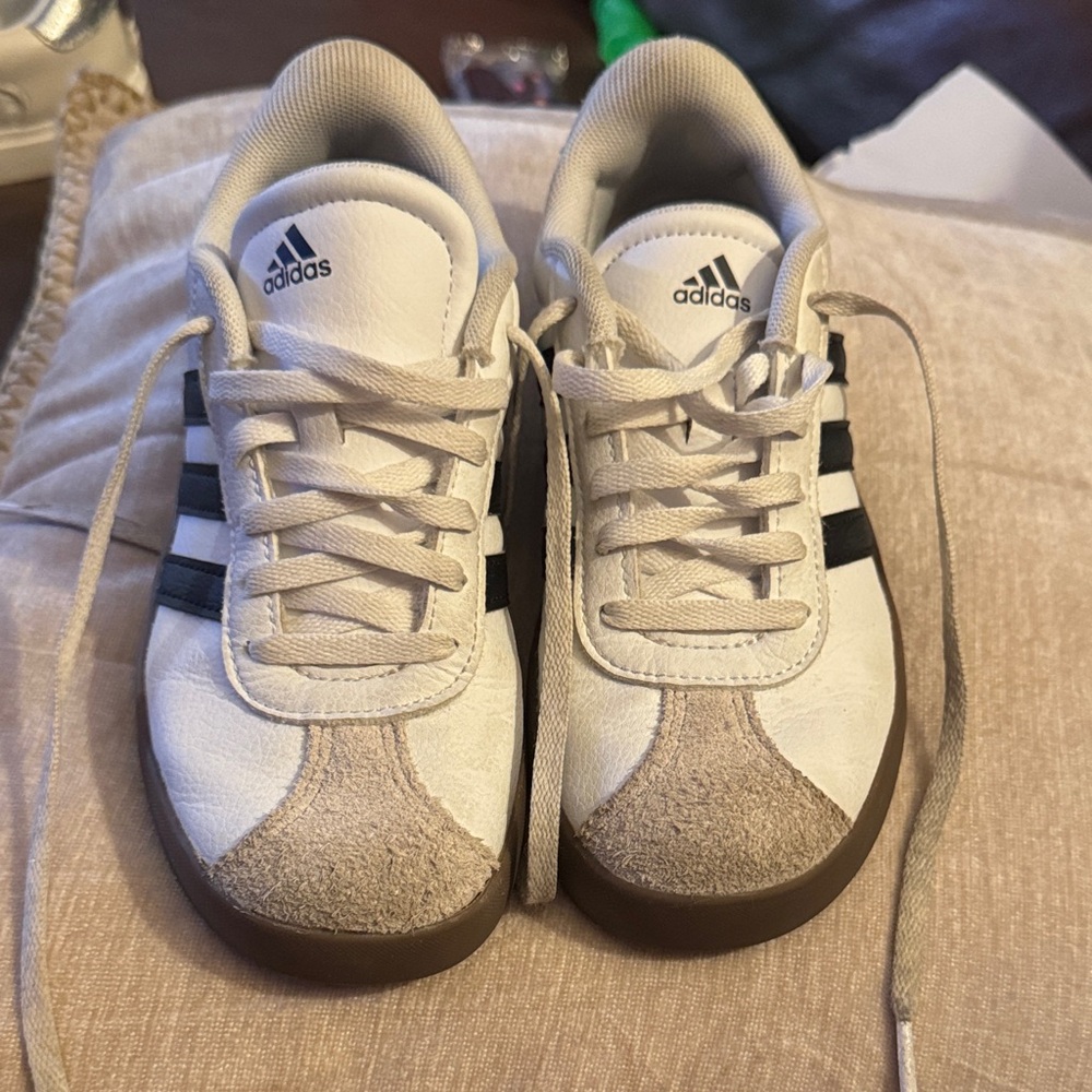 Adidas Kids White and Black Sneakers with Tan Accents
